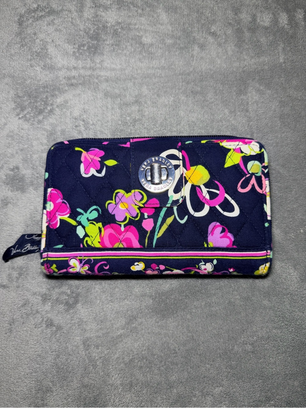 Vera Bradley Ribbons Navy Floral Quilted Turn LockWallet